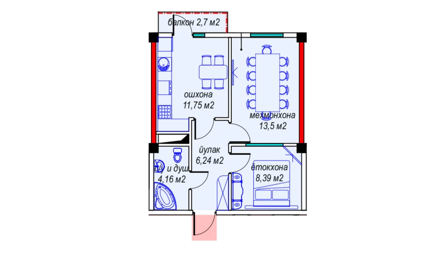 2-xonali xonadon 46.6 m²  5/9 qavat | MILLIY XONADONLAR Turar-joy majmuasi