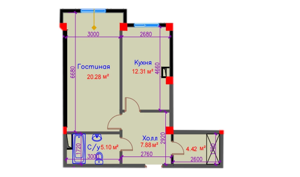 1-xonali xonadon 50.2 m²  1/10 qavat | Ko'kcha-Oqtepa Turar-joy majmuasi