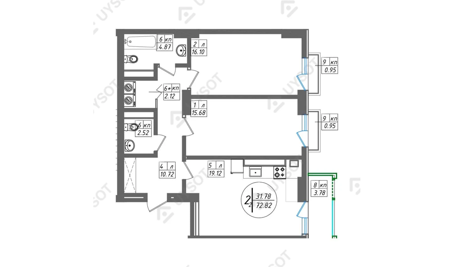 2-xonali xonadon 72.82 m²  2/12 qavat | SUN Turar-joy majmuasi