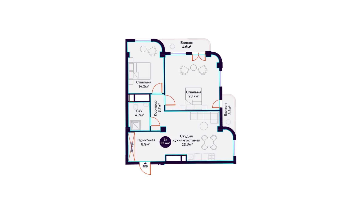 3-комн. квартира 86.4 м² 15/16 этаж | Жилой комплекс Havas Premium 3-комн. квартира 86.4 м² 15/16 этаж | Жилой комплекс Havas Premium