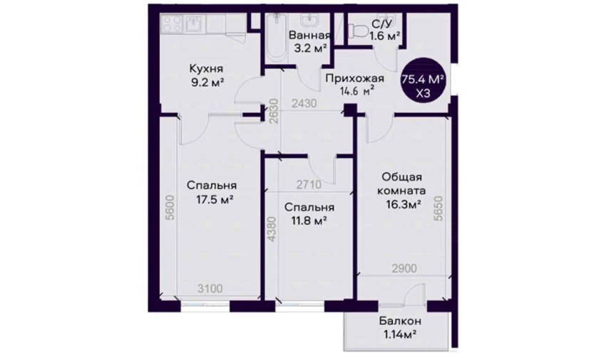 3-комнатная квартира 75.4 м²  3/7 этаж | Жилой комплекс YAQINLAR