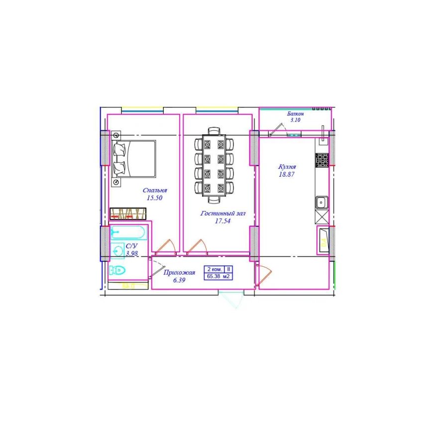 2-xonali xonadon 65.38 m²  16/17 qavat | ASTRA Turar-joy majmuasi