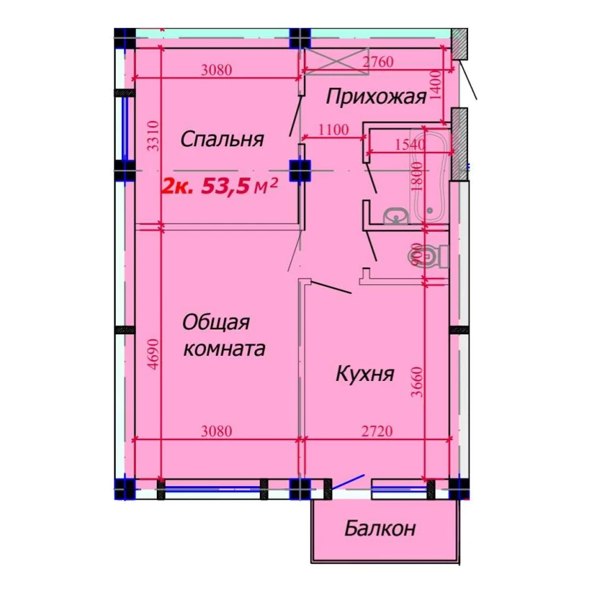 2-xonali xonadon 53.5 m²  7/9 qavat | VATAN Turar-joy majmuasi
