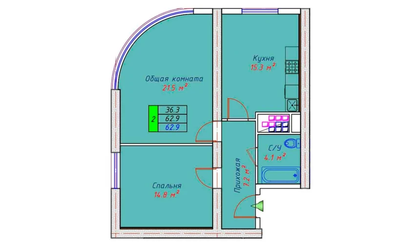 2-xonali xonadon 62.9 m²  19/30 qavat | ECO TOWER Turar-joy majmuasi