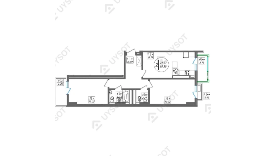 2-комнатная квартира 68.29 м²  2/13 этаж | Жилой комплекс SUN