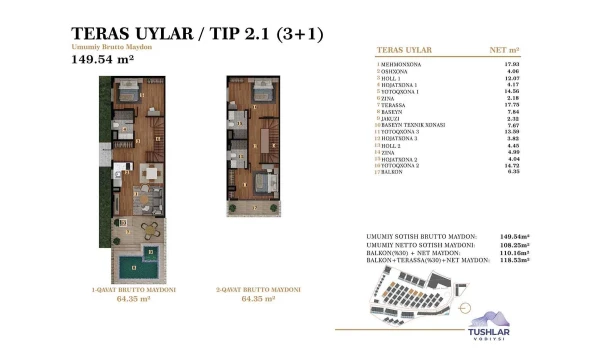 4-xonali xonadon 118.53 m²  2/4 qavat | TUSHLAR VODIYSI Turar-joy majmuasi