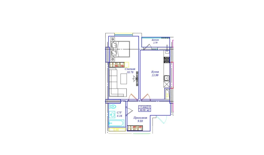 1-комнатная квартира 49.6 м²  2/17 этаж | Жилой комплекс UCHTEPA CITY