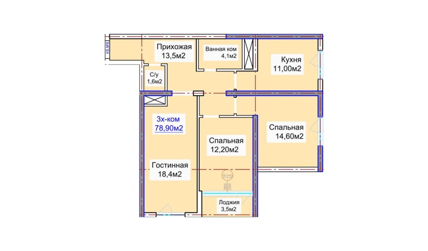 3-комнатная квартира 78.9 м²  15/16 этаж | Жилой комплекс ELITE ECO CITY