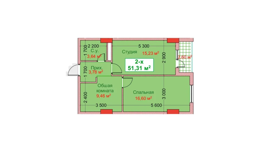 2-xonali xonadon 51.31 m²  3/8 qavat | CAPITAL AVENUE Turar-joy majmuasi