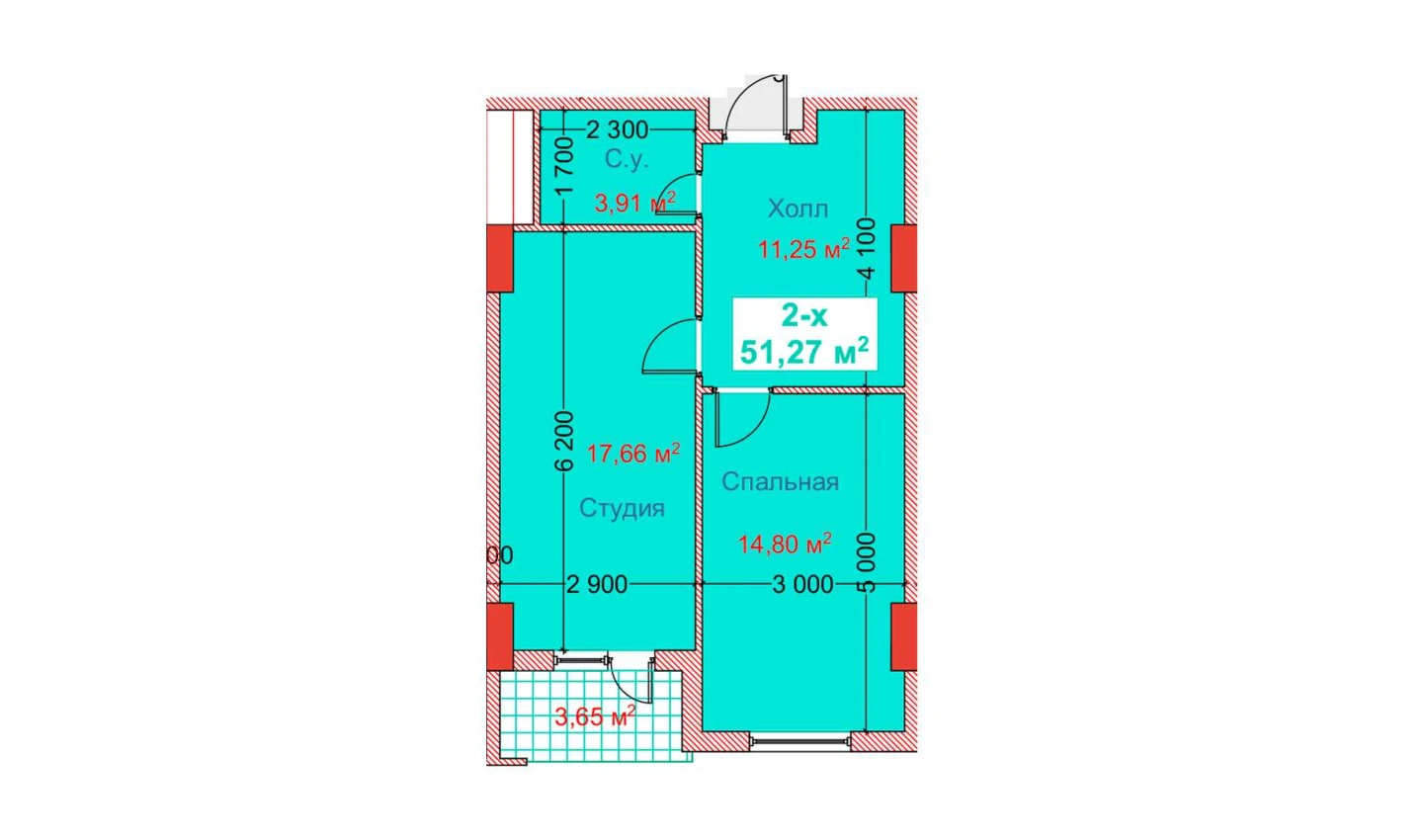 2-xonali xonadon 51.27 m²  5/8 qavat | CAPITAL AVENUE Turar-joy majmuasi