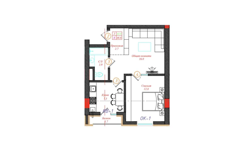 2-комнатная квартира 46.6 м²  3/12 этаж | Жилой комплекс CHINARA PARK