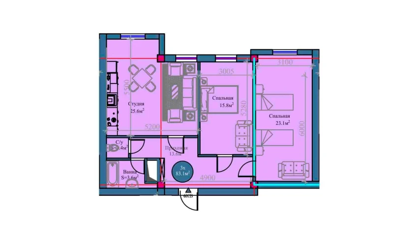 3-комнатная квартира 83.1 м²  7/14 этаж | Жилой комплекс Zamin Urgut