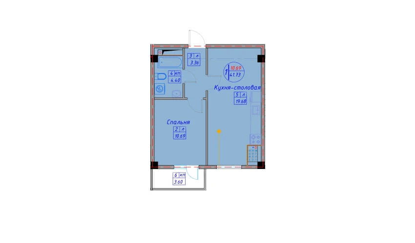 1-xonali xonadon 45.76 m²  2/12 qavat | SPUTNIK AVENUE Turar-joy majmuasi
