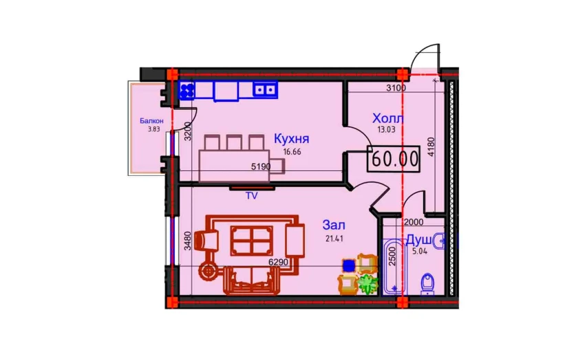 1-комнатная квартира 60 м²  9/9 этаж | Жилой комплекс BAHOR