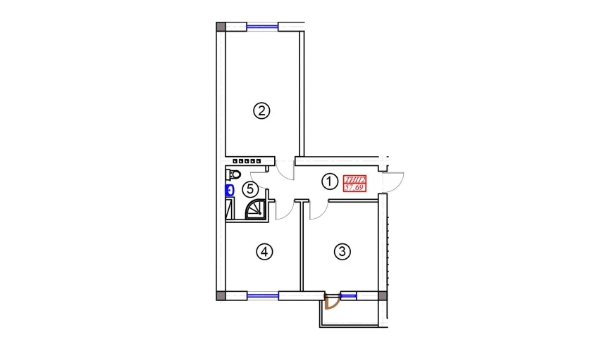 2-xonali xonadon 57.69 m²  5/5 qavat | BATOSH Turar-joy majmuasi