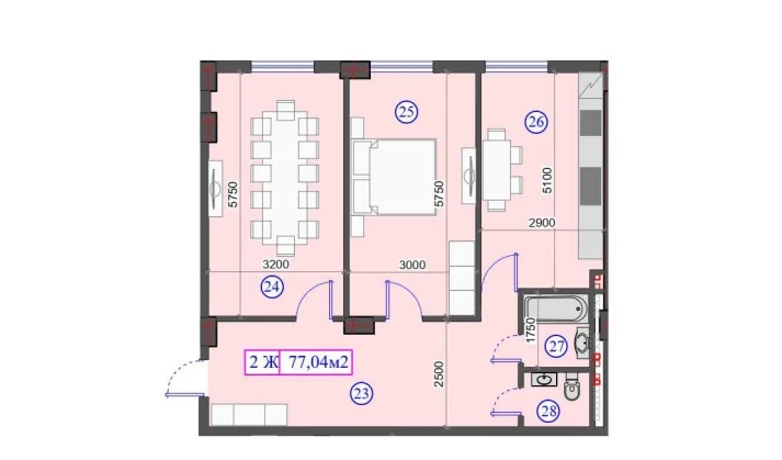 2-комнатная квартира 77.04 м²  1/7 этаж | Жилой комплекс O'ZBEGIM
