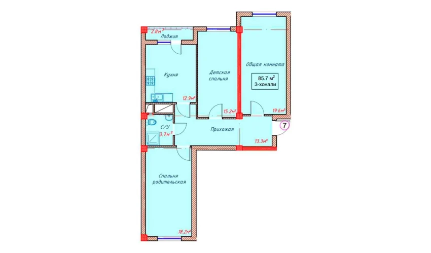 3-xonali xonadon 85.7 m²  5/9 qavat | Orzular Turar-joy majmuasi