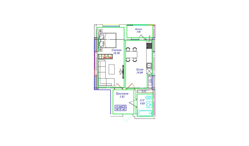 1-xonali xonadon 46.1 m²  4/17 qavat | UCHTEPA CITY Turar-joy majmuasi