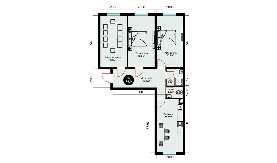 3-xonali xonadon 79 m²  1/9 qavat | YAQINLAR Turar-joy majmuasi
