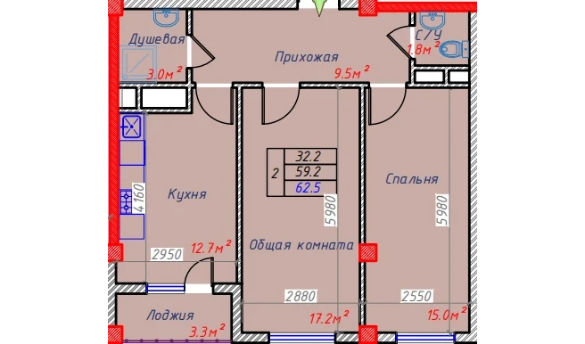 2-xonali xonadon 62.5 m²  6/9 qavat | Hakimi Towers Turar-joy majmuasi