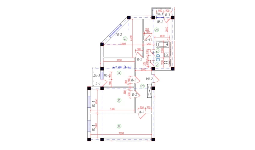 4-xonali xonadon 99.68 m²  1/7 qavat | Oila TJM Turar-joy majmuasi