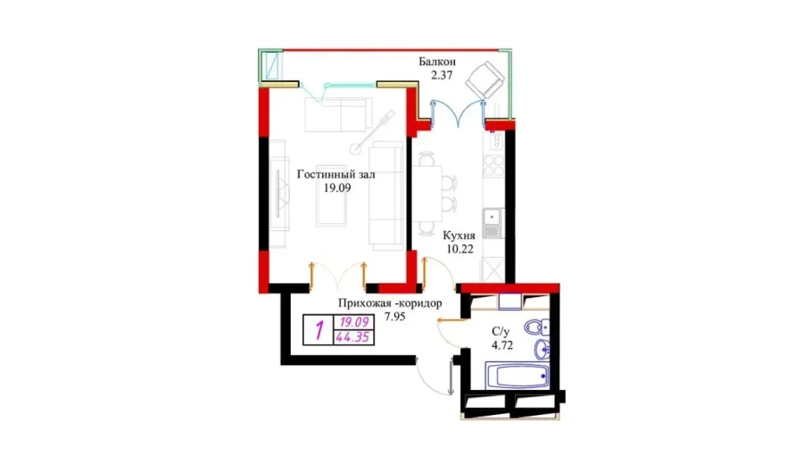 1-xonali xonadon 44.35 m²  9/9 qavat | Chilanzar Business City Hi-Tech Turar-joy majmuasi