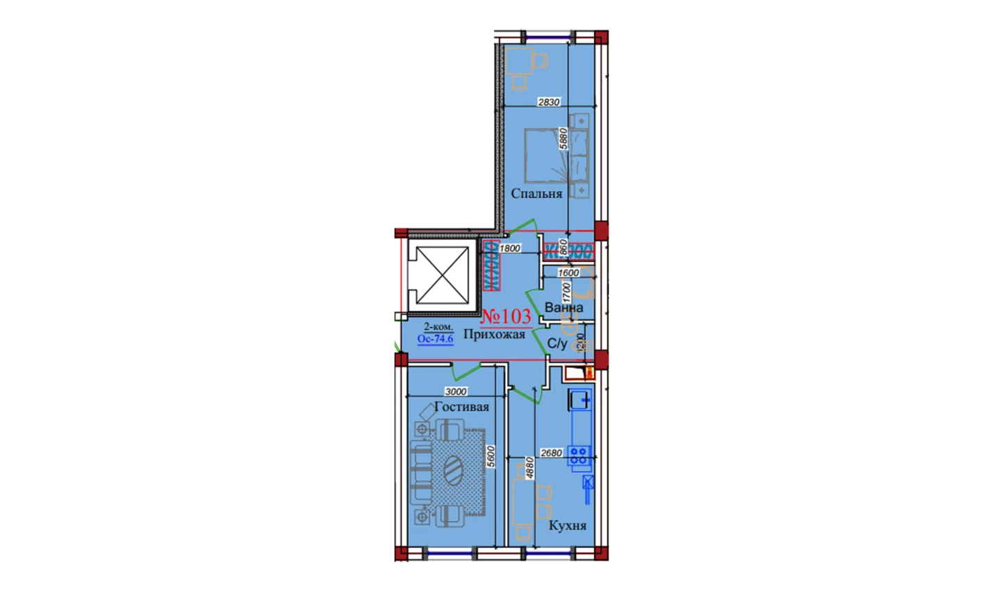 2-xonali xonadon 74.6 m²  1/9 qavat | ZAR ZAMONAVIY UYLAR Turar-joy majmuasi