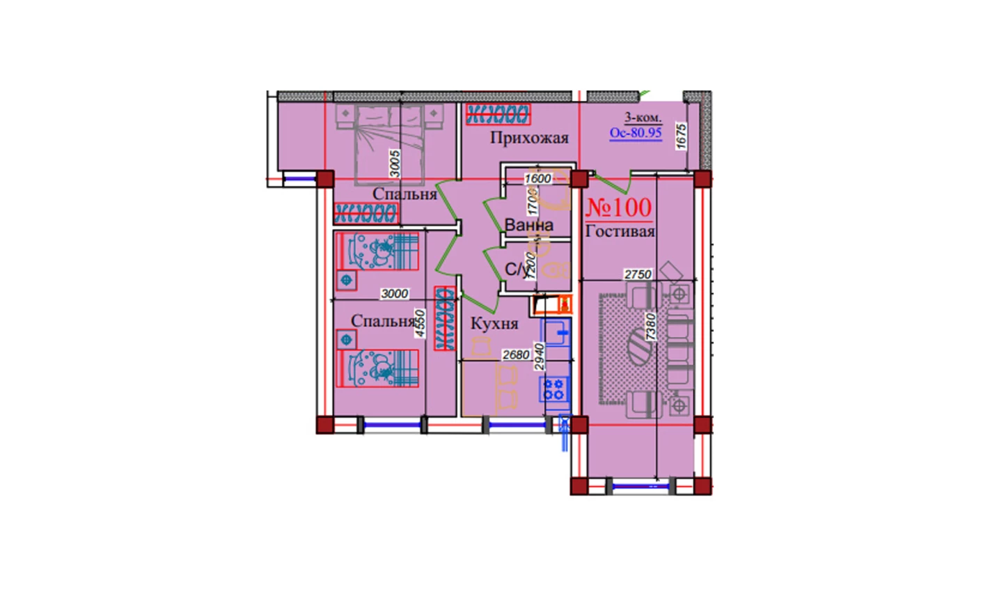 3-комн. квартира 80.95 м²  1/9 этаж | Жилой комплекс ZAR ZAMONAVIY UYLAR