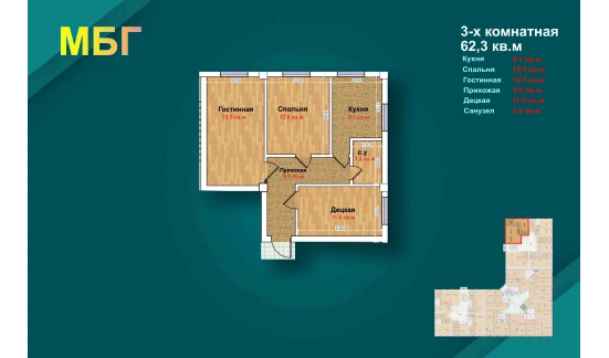 3-комнатная квартира 62.3 м²  1/9 этаж | Жилой комплекс MBG