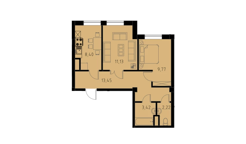 2-xonali xonadon 48.39 m²  4/9 qavat | MINGCHINOR Turar-joy majmuasi