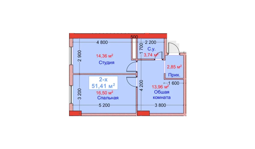 2-комнатная квартира 51.41 м²  2/8 этаж | Жилой комплекс CAPITAL AVENUE