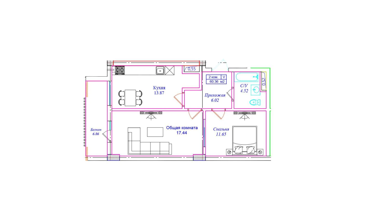 2-xonali xonadon 60.36 m²  6/9 qavat | UCHTEPA CITY Turar-joy majmuasi