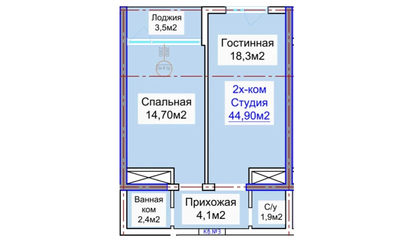 2-комнатная квартира 44.9 м²  3/16 этаж | Жилой комплекс ELITE ECO CITY