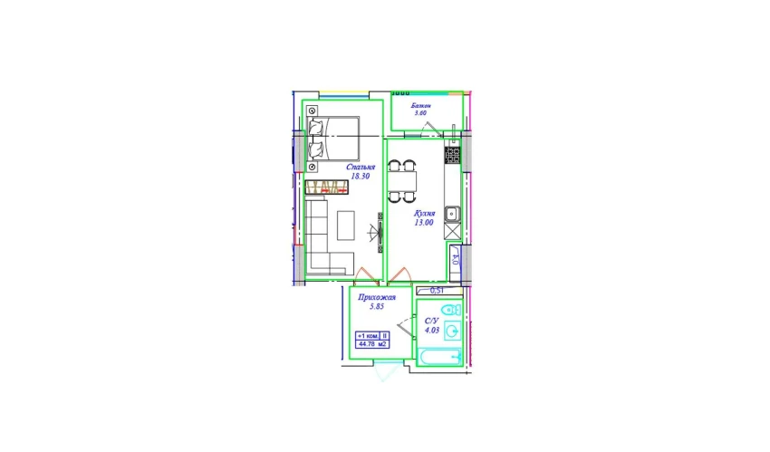 1-комнатная квартира 44.78 м²  14/17 этаж | Жилой комплекс ASTRA