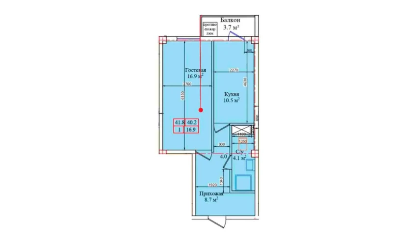 1-xonali xonadon 41.8 m²  3/9 qavat | CHIRCHIQ CITY Turar-joy majmuasi