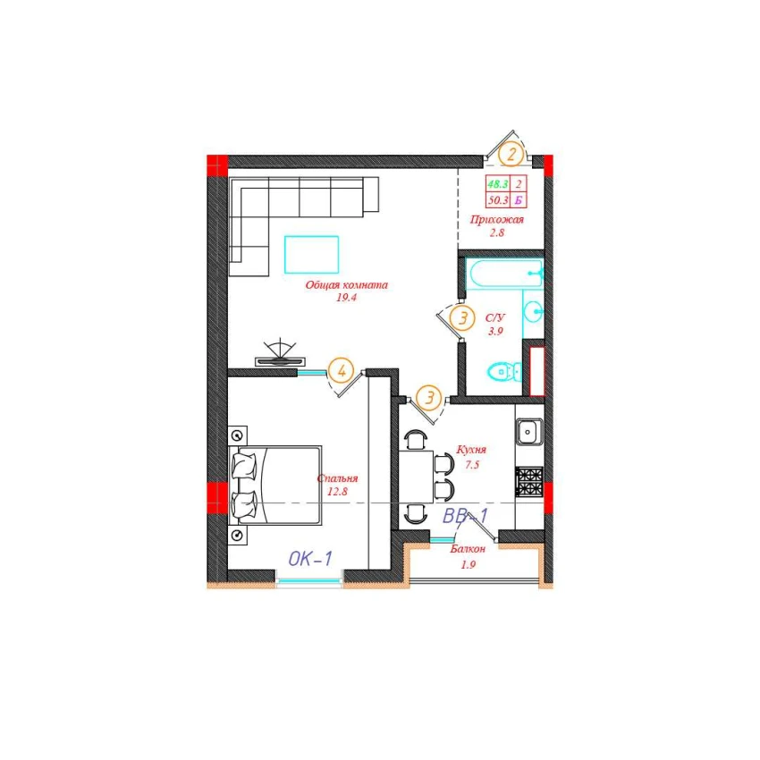 2-xonali xonadon 50.3 m²  10/12 qavat | CHINARA PARK Turar-joy majmuasi