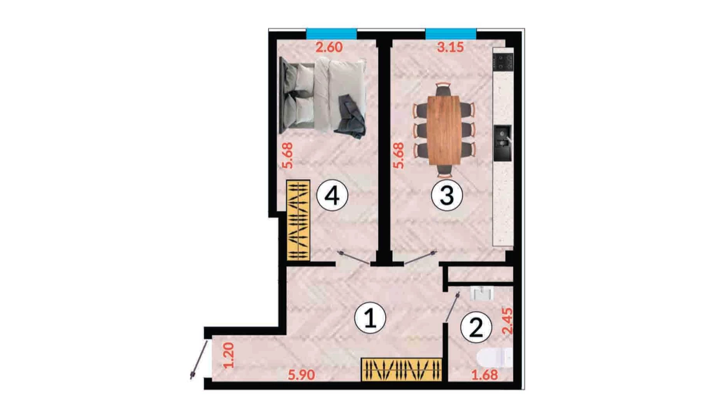 1-xonali xonadon 55.7 m²  9/10 qavat | Ko'kcha-Oqtepa Turar-joy majmuasi