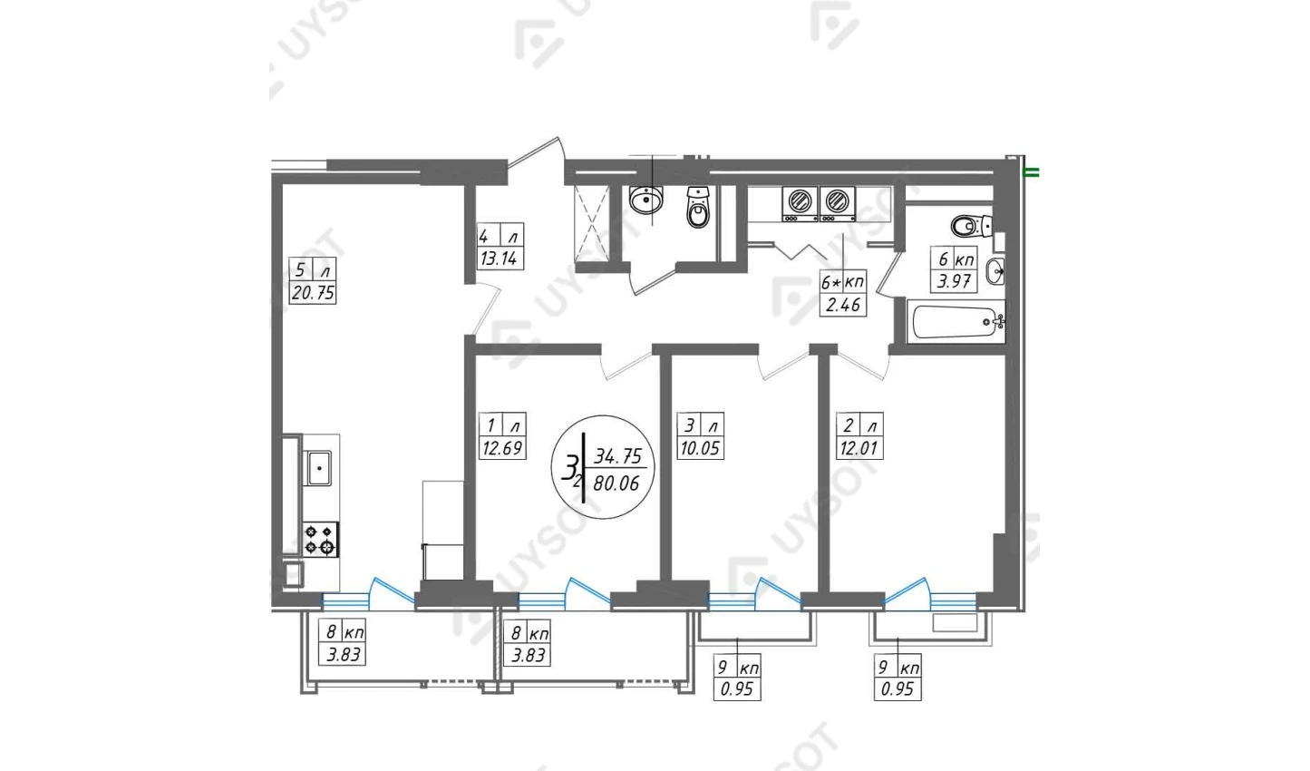 3-xonali xonadon 80.06 m²  2/12 qavat | SUN Turar-joy majmuasi