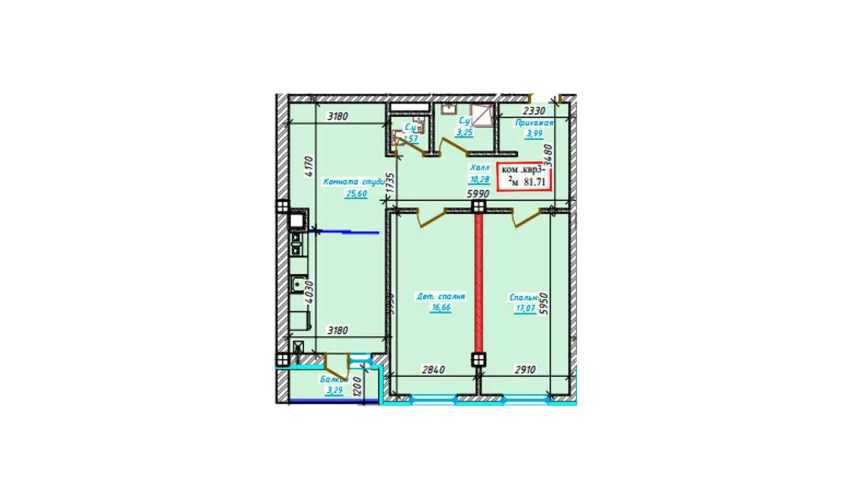 3-комнатная квартира 81.71 м²  8/9 этаж | Жилой комплекс Aero Town