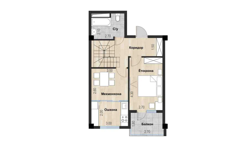 2-xonali xonadon 100.59 m²  7/7 qavat | Bochka Resort Turar-joy majmuasi