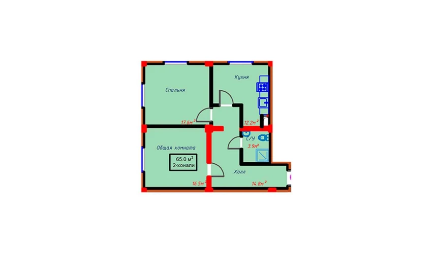 2-комнатная квартира 65 м²  1/10 этаж | Жилой комплекс Turon