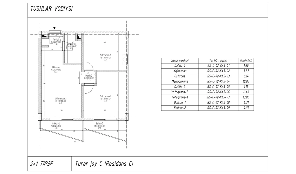 3-комн. квартира 51.59 м² 4/7 этаж | Жилой комплекс TUSHLAR VODIYSI 3-комн. квартира 51.59 м² 4/7 этаж | Жилой комплекс TUSHLAR VODIYSI