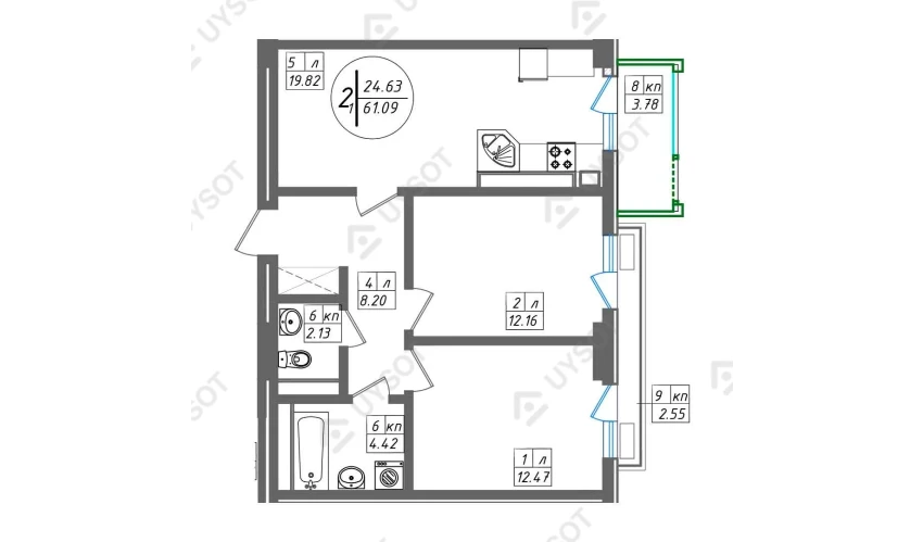 2-xonali xonadon 61.09 m²  2/13 qavat | SUN Turar-joy majmuasi