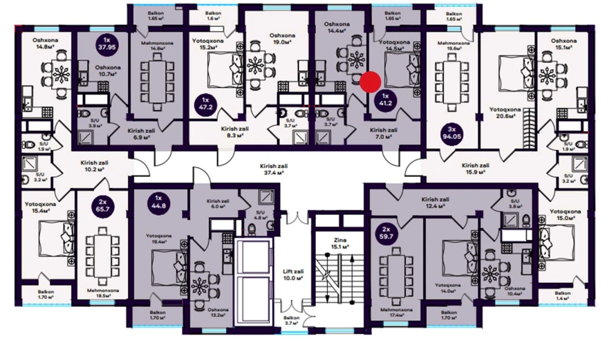 1-xonali xonadon 41.2 m² 7/12 qavat | TUMOR Turar-joy majmuasi 1-xonali xonadon 41.2 m² 7/12 qavat | TUMOR Turar-joy majmuasi