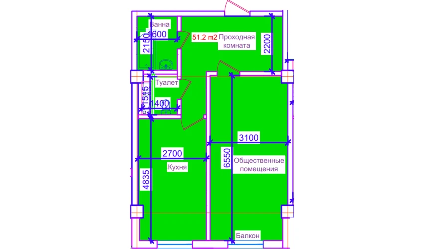 1-комнатная квартира 51.2 м²  8/10 этаж | Жилой комплекс ORZULAR MASKANI