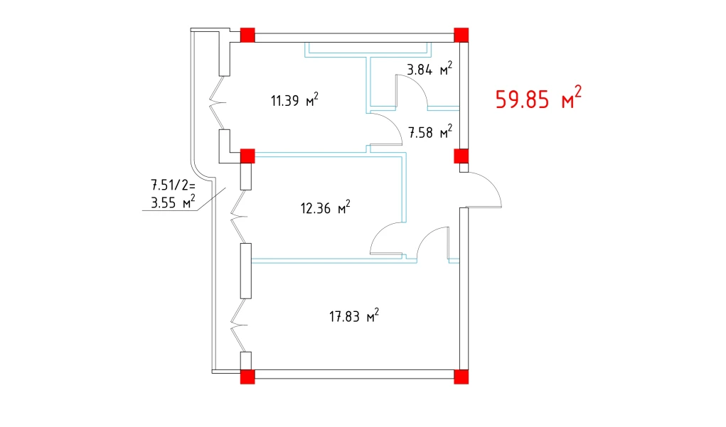 2-xonali xonadon 59.85 m²  13/13 qavat | MEGAPOLIS А2 Turar-joy majmuasi