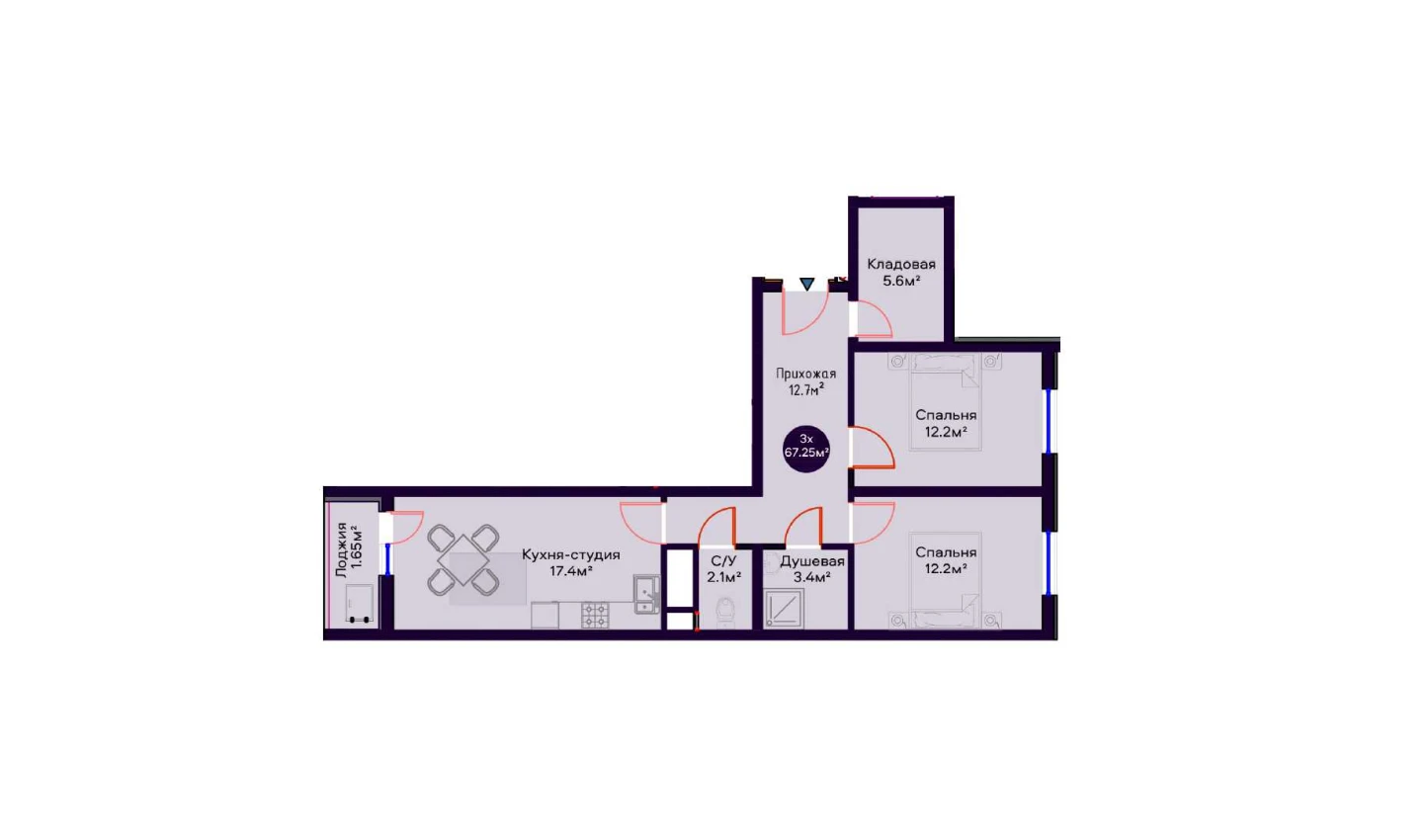 3-комн. квартира 67.25 м²  9/16 этаж | Жилой комплекс Crystal Avenue