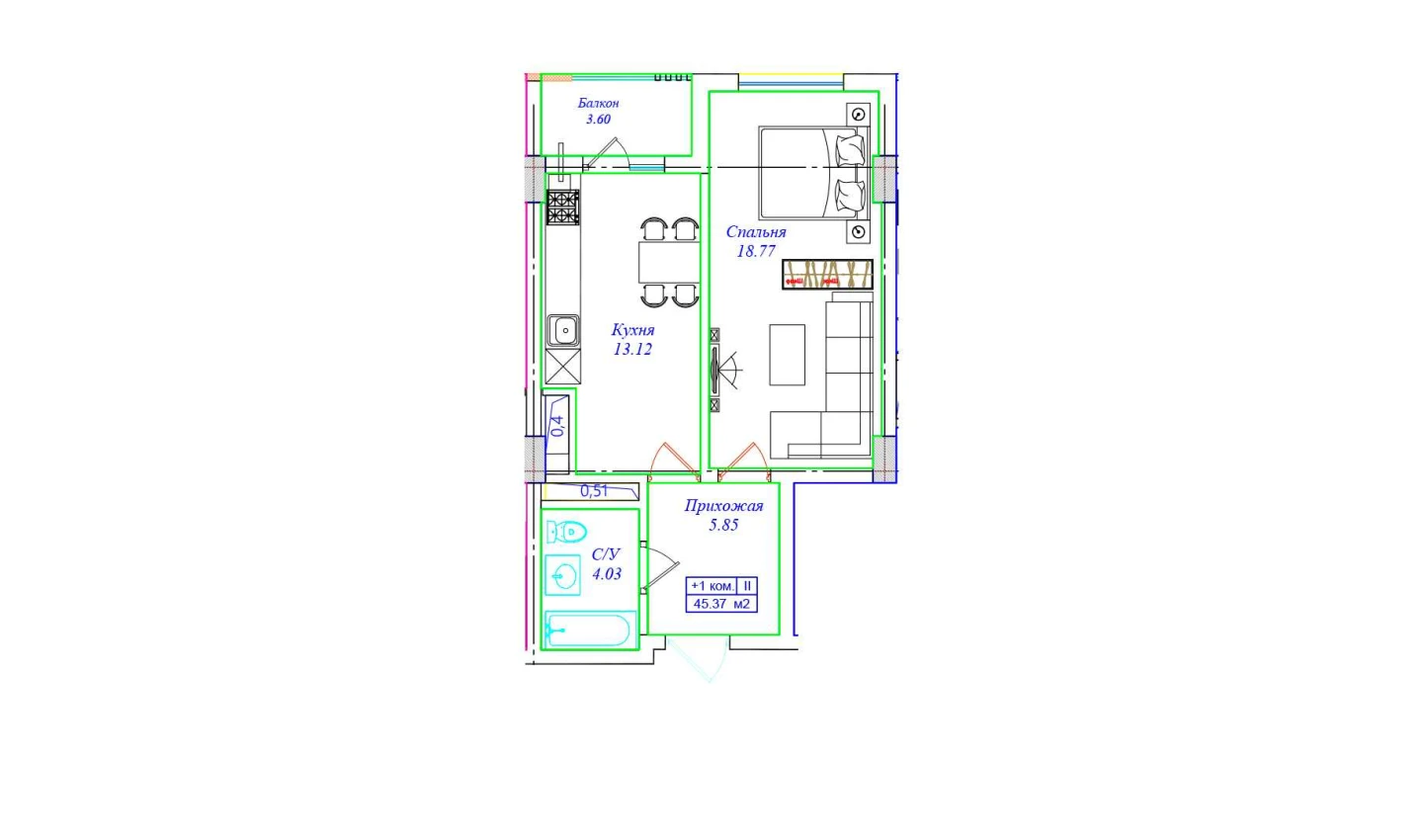 1-комн. квартира 45.37 м²  2/9 этаж | Жилой комплекс UCHTEPA CITY