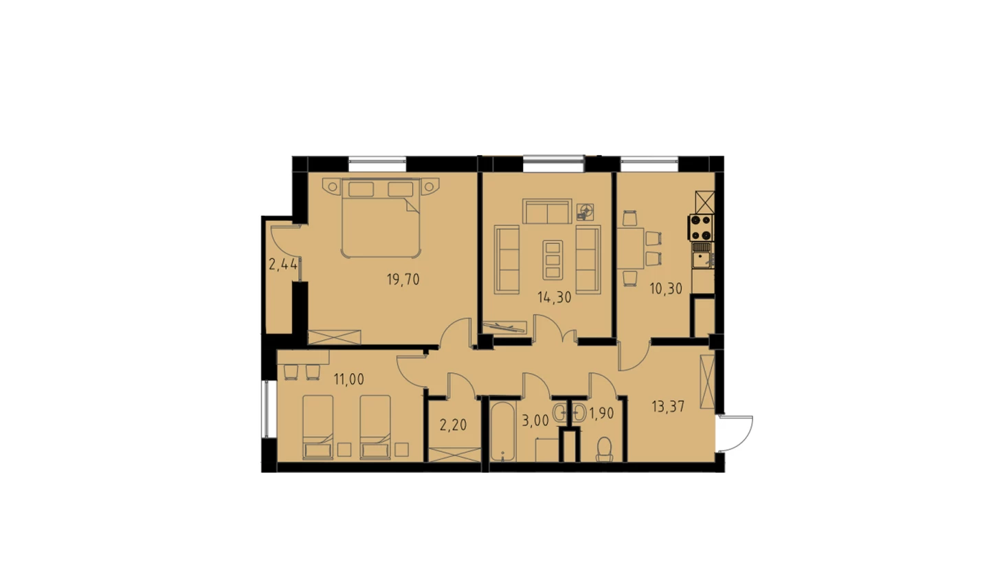 3-xonali xonadon 76.5 m²  2/9 qavat | MINGCHINOR Turar-joy majmuasi