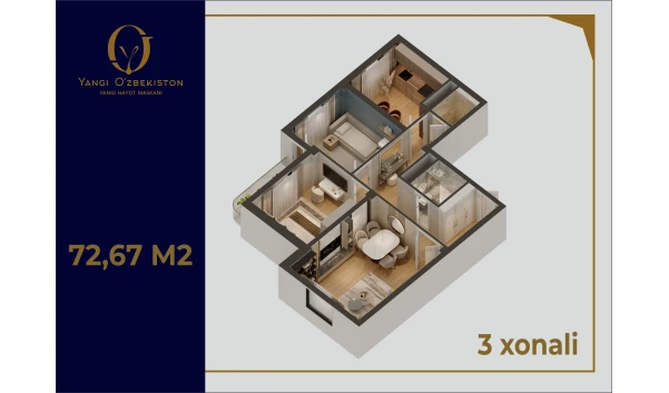 3-комнатная квартира 72.67 м²  3/9 этаж | Жилой комплекс Yangi O'zbekiston